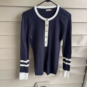 Faherty Mikki Organic Cotton-Cashmere Henley Sweater M Navy Nautical Colorblock